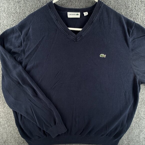 Lacoste Men Sweater Pullover Croc Logo Cotton V Neck 3XL Navy Blue Knit Soft - Picture 1 of 13